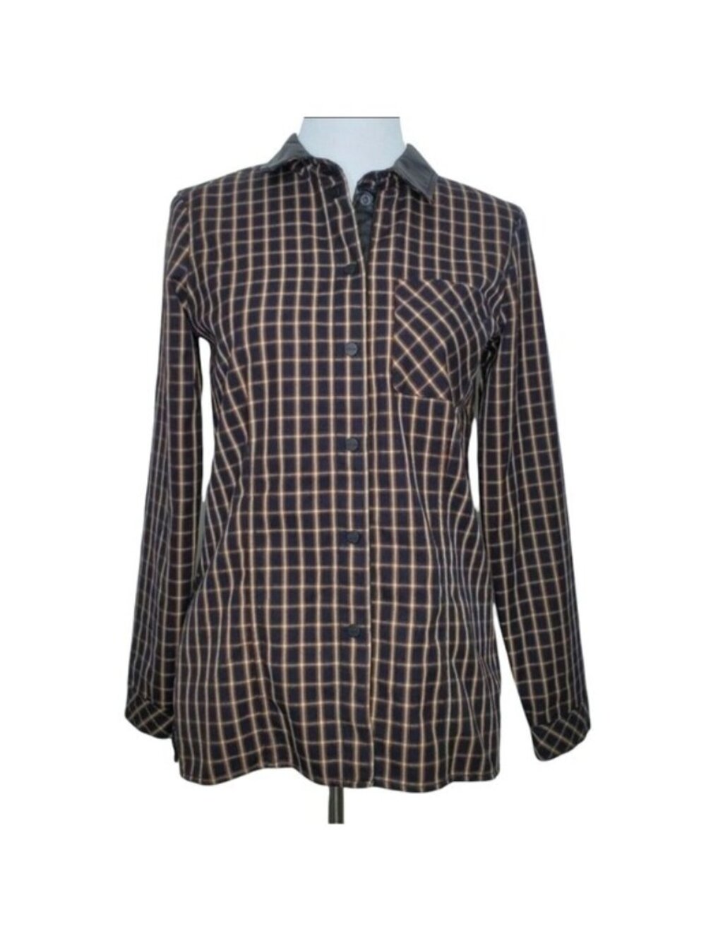 Sanctuary Womens Plaid Shirt Fits Medium Snap Button Faux Leather Trim Collar